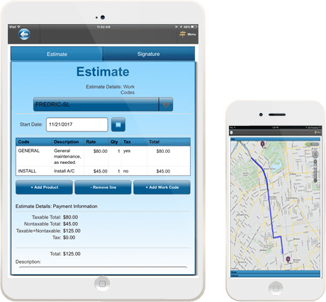 Tablet and mobile phone used for running Scheduling Manager service business software